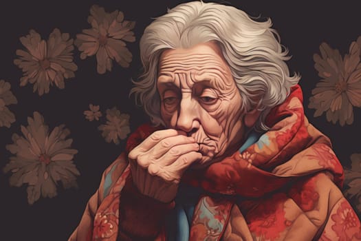 Ailing Old senior woman blowing nose. Tissue allergic. Generate Ai