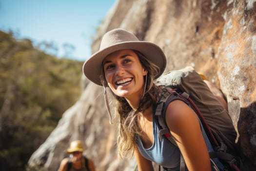 Young woman rock climbing fitness. Adventure gym. Generate Ai