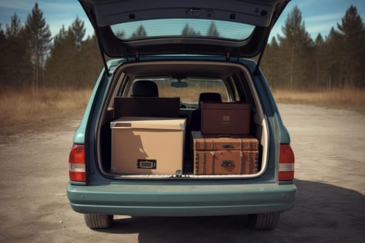 Open trunk moving boxes storage. Cardboard vehicle. Generate Ai