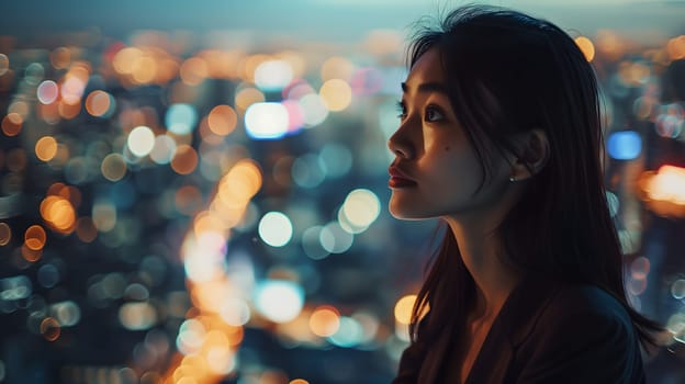 Close up of a young successful Asian business woman looking at the night city with professional cinematic light. Neural network generated image. Not based on any actual person or scene.