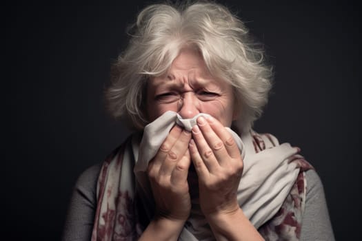 Old senior woman blowing nose. Tissue allergic. Generate Ai