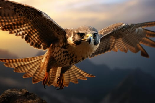 Serene Flying falcon sunset. Bird animal. Generate Ai