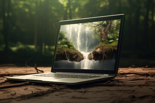 Functional Open laptop. Internet room view. Generate Ai