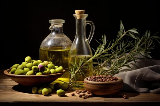 Cylindrical Olive oil bottle virgin. Ripe extra food. Generate Ai