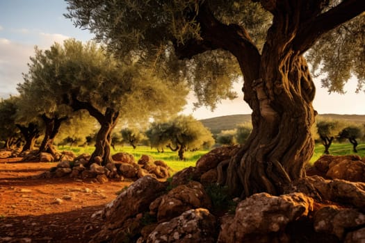 Olives tree oil. Harvest green food. Generate Ai