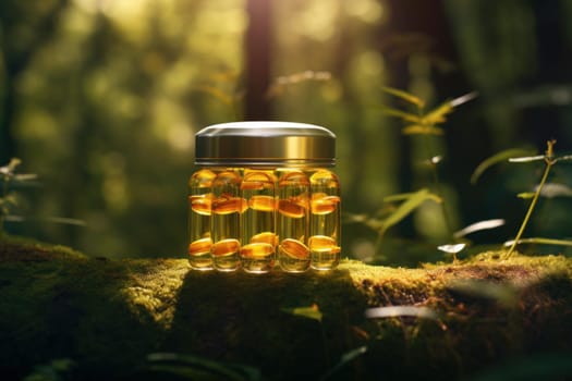 Beneficial Omega capsules sunlight. Healthy lifestyle. Generate Ai