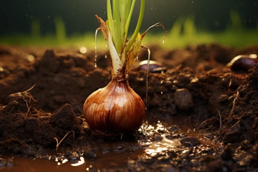 Onion soil plant. Harvest farm. Generate Ai