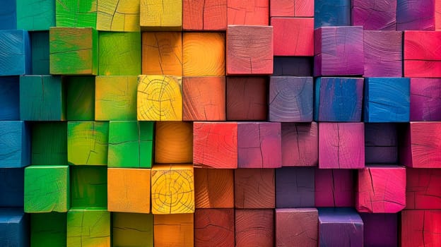 Abstract  rainbow colors colored wooden cubes texture wall background.Spectrum of stacked multi-colored wooden blocks. AI generated