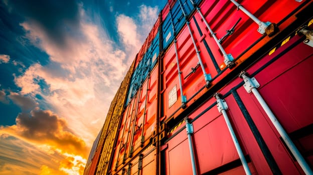 Stacked cargo standard containers for temporary storage, loading, unloading and sorting at the container point. The concept of cargo transportation. AI generated