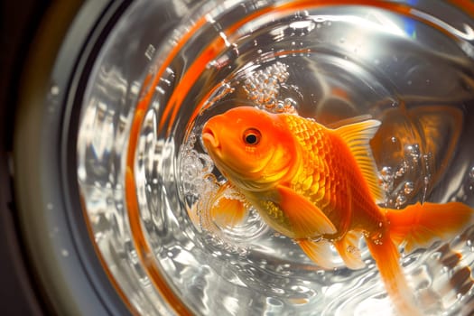 Scared golden fish inside washing machine drum. Concept for - accidental entrapment of pets in a washing machine. AI generated