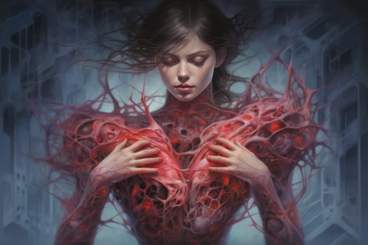 Innovative Open human heart art system. Coronary left atrium anatomy health. Generate Ai