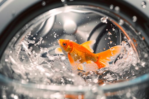 Scared golden fish inside washing machine drum. Concept for - accidental entrapment of pets in a washing machine. AI generated