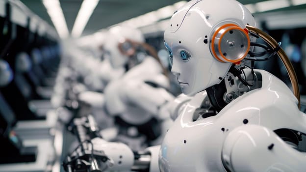 Group of robots working on a segment of the assembly line, showcasing the harmony between technology. AI generated.