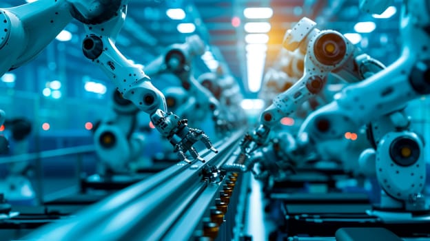 Robots working on a segment of the assembly line, showcasing the harmony and communication between technology. AI generated.