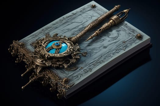 Detailed Open notebook pen document closeup. Wood letter empty instrument writing. Generate Ai