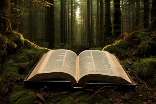 Ancient Open magic book forest. Old art. Generate Ai