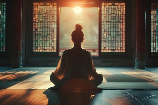 Meditation in tranquility. Silhouette young woman practicing yoga in the calm place at sunset. AI generated