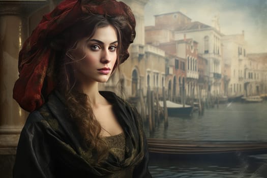 Romantic Woman old venice. Street person. Generate Ai