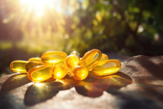 Potent Omega capsules sunlight. Healthy lifestyle. Generate Ai