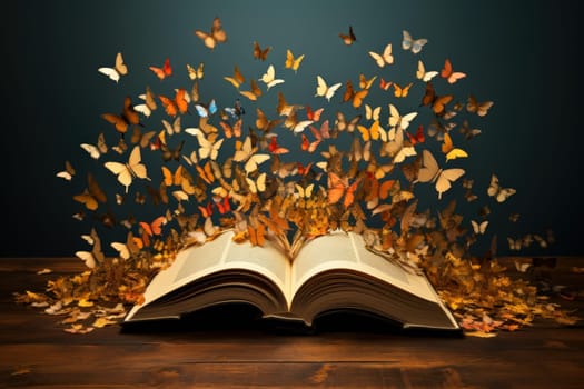 Aged Open magic book butterfly. School story. Generate Ai