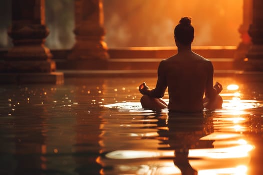 Meditation in tranquility. Silhouette young man practicing yoga in the water at sunset. AI generated