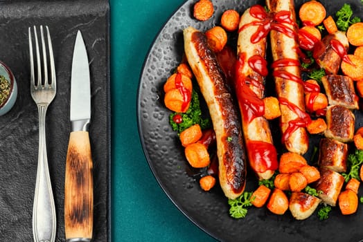 Grilled turkey sausages with ketchup, roasted carrots on the plate. BBQ menu. Top view.