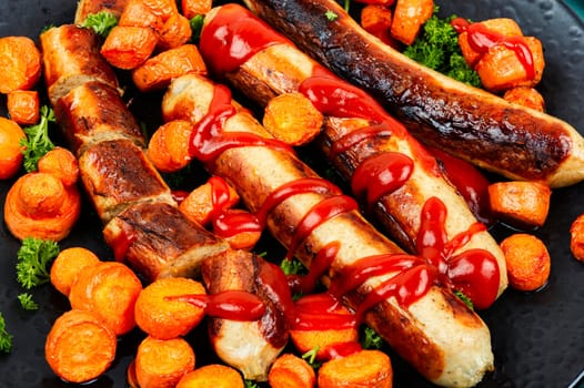 Grilled turkey sausages with ketchup, roasted carrots on the plate. BBQ menu. Top view.