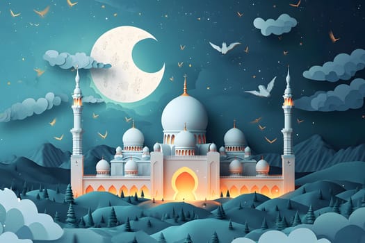 Ramadan mosque with night afterglow sky with crescent. Neural network generated in January 2024. Not based on any actual scene or pattern.