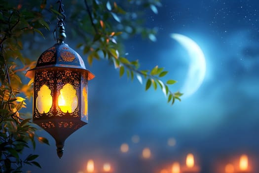 fanous Ramadan lanterns at starry night with crescent. Neural network generated in January 2024. Not based on any actual scene or pattern.