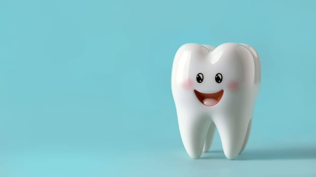 3D Tooth Character Smiling over Blue Isolated Background with copy space banner. Dental concept