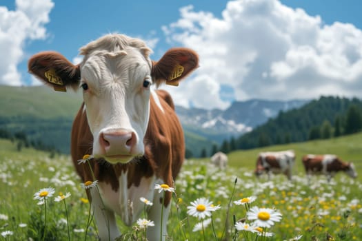 Close up of a brown and white cow on a green mountains meadow.