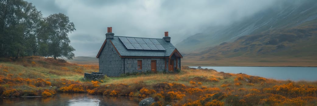 Solar panels on the roof of the modern house standing alone in the wild