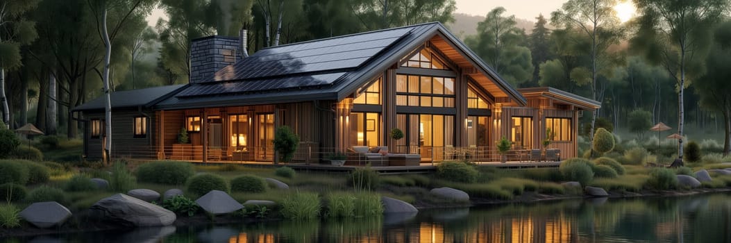 Solar panels on the roof of the modern house. 3D rendering