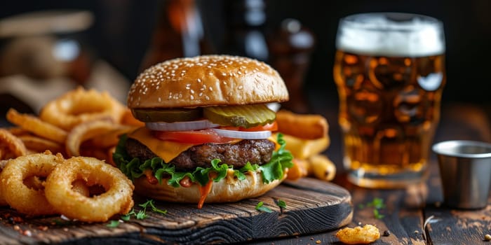 Burger with crispy bacon, potatoes fries and onion rings and glass of beer on a dark background, fast food.