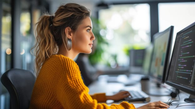 Female Programmer Coding on Desktop Computer in Office