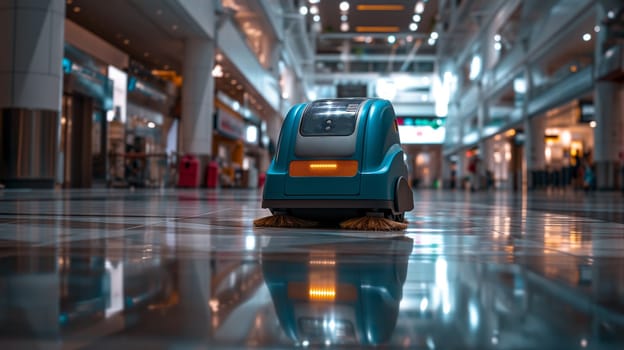 Industrial automatic robot cleaner mopping the floor in the Airport or Mall
