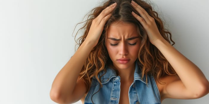 Young woman is suffering from a headache on light color background. Studio shot
