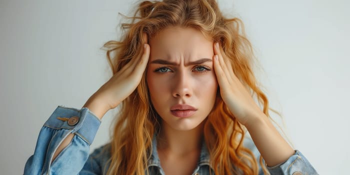 Young woman is suffering from a headache on light color background. Studio shot