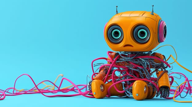 The robot, tangled in wires, sits discouraged. System error. Blue background copy space