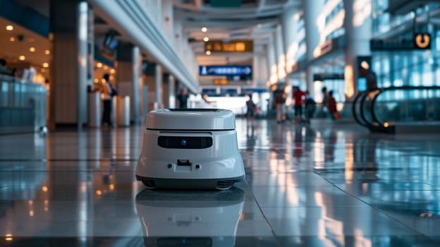 Industrial automatic robot cleaner mopping the floor in the Airport or Mall