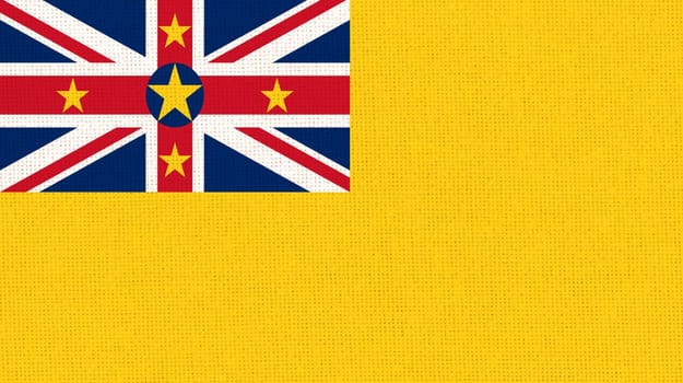 Flag of the Niue. National flag of Niue. flag of island country Niue on fabric surface. Island country. Fabric texture. 3D Illustration. Nation symbol of country in Oceania