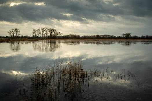Gray clouds reflecting in the lake water