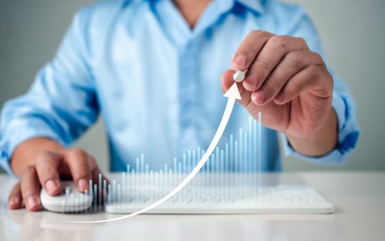 Stock market, Business growth, progress or success concept. Businessman or trader is showing a growing virtual hologram stock, invest in trading.
