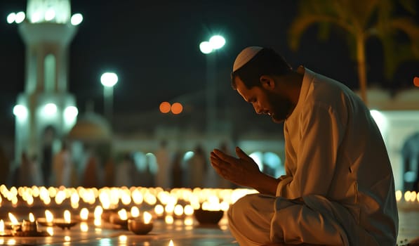 Muslim prayer in white clothes sitting in front of mosque at Ramadan night with selective focus. Neural network generated in January 2024. Not based on any actual scene or pattern.
