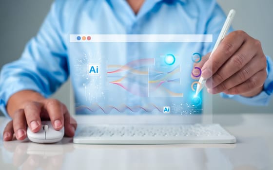 Human hand holding stylus pen touching of AI system, Symbolic, Machine learning, artificial intelligence of futuristic technology, AI network of brain on business analysis.