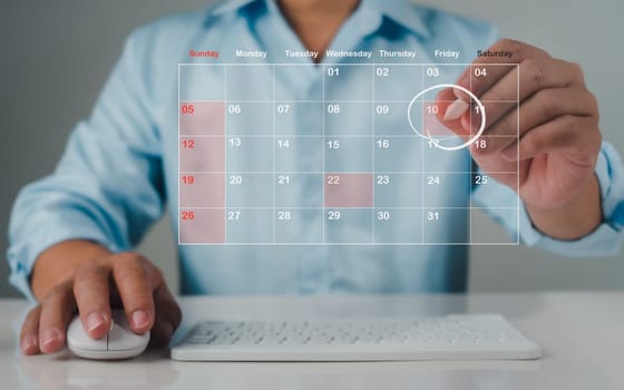 Businessman marking dates on virtual calendar, managing his business schedule, setting reminders for important appointments, creative collage for planning ideas, appointment scheduler
