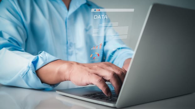 Business people use computers to analyze business and manage corporate data, business analytics with charts, metrics and KPIs to improve organizational performance, financial organization strategy.