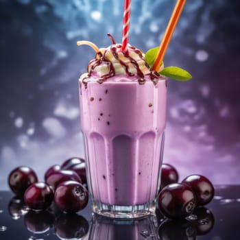 Delicious chokeberry milkshake with a straw