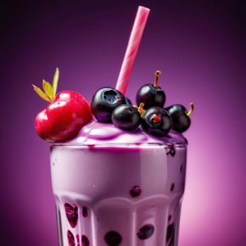 Delicious wild fruit milkshake with a straw