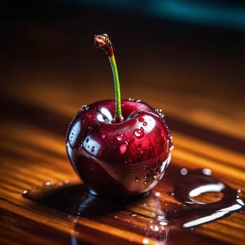 Macro shot of cherry in water puddle